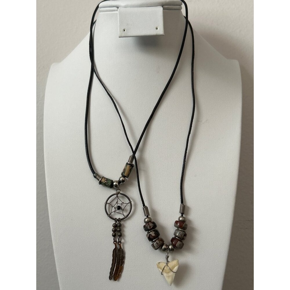Dreamcatcher & Shark Tooth Pendant Necklaces Tribal Bead Accents Black Cord Boho